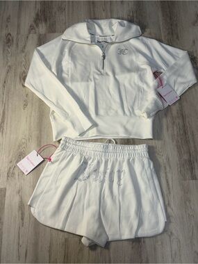 Juicy Couture White Rhinestone Logo Half-Zip Hoodie & Shorts Set